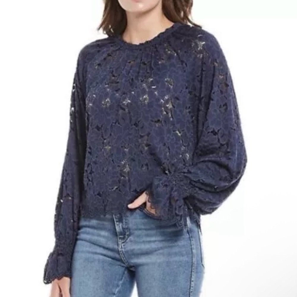 Free People Olivia Floral Lace Top Navy Blue Medium Boho Sheer Peasant Cottage - Picture 2 of 13